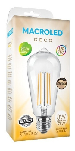 Lámpara Led Filamento Macroled Deco St19  8w Dimerizable