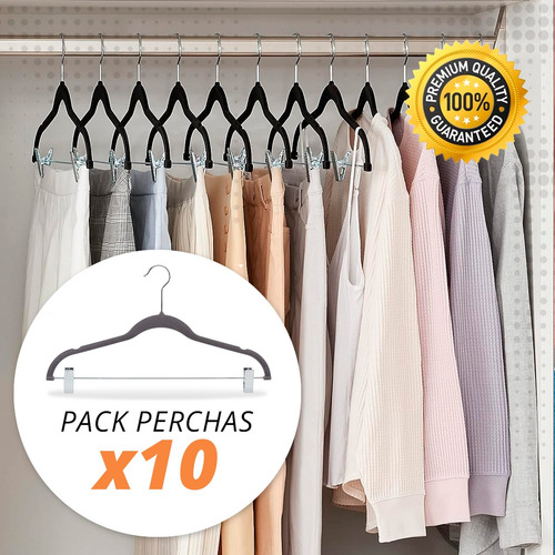 Imagen 2 de 9 de Percha Terciopelo Gris Con Broches Antideslizante M-12 X 10