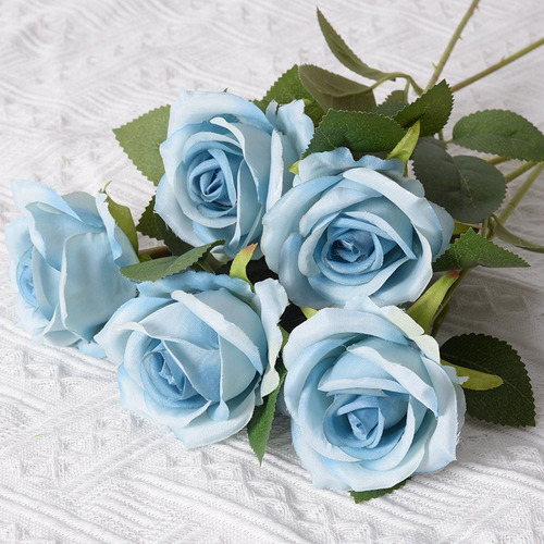 Rosas Azules Con Hojas Artificiales Para Decoración Del Hoga