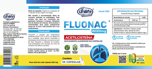 Fluonac Acetilcisteína Unilife 30 Cápsulas