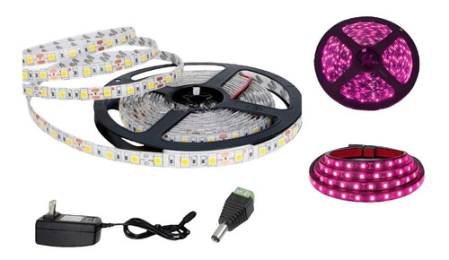 Cinta Led 5050 Rosado Rollo X 5 Metros 12v Con Adaptador