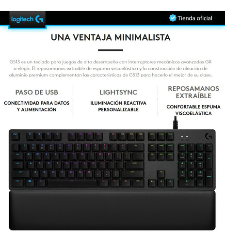 Logitech G513 Carbón, Teclado Gamer Mecánico / Rgb Lightsync