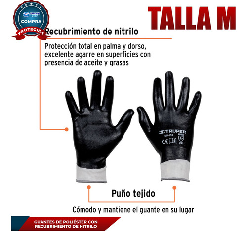 Guantes Poliéster Recubrimiento Nitrilo Talla M Truper 18026 Negro