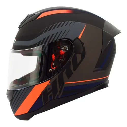 Casco moto naranja y negro sale