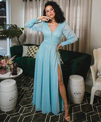 Imagem 2 de 8 de Vestido Lurex Festa Madrinha Manga Longa Elastex Punho
