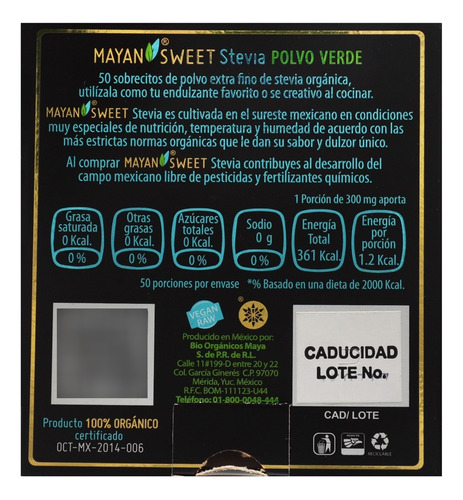 Endulzante Stevia Mayan Sweet Stevia Organico 50 Pza