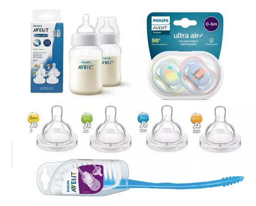 Set Recien Nacido Avent Natural 4 Mamaderas Chupete Cepillo