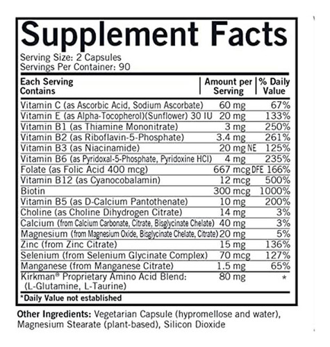 Kirkman Multivitamínico Sin Vitaminas A Y D 180 Cápsulas