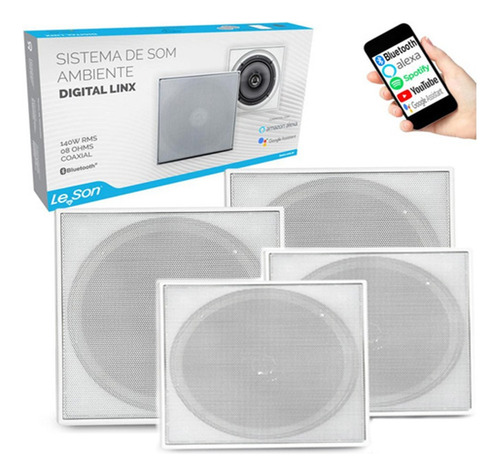 Kit Caixa De Som Embutir Bluetooth 3 Passivas Teto Quadrada