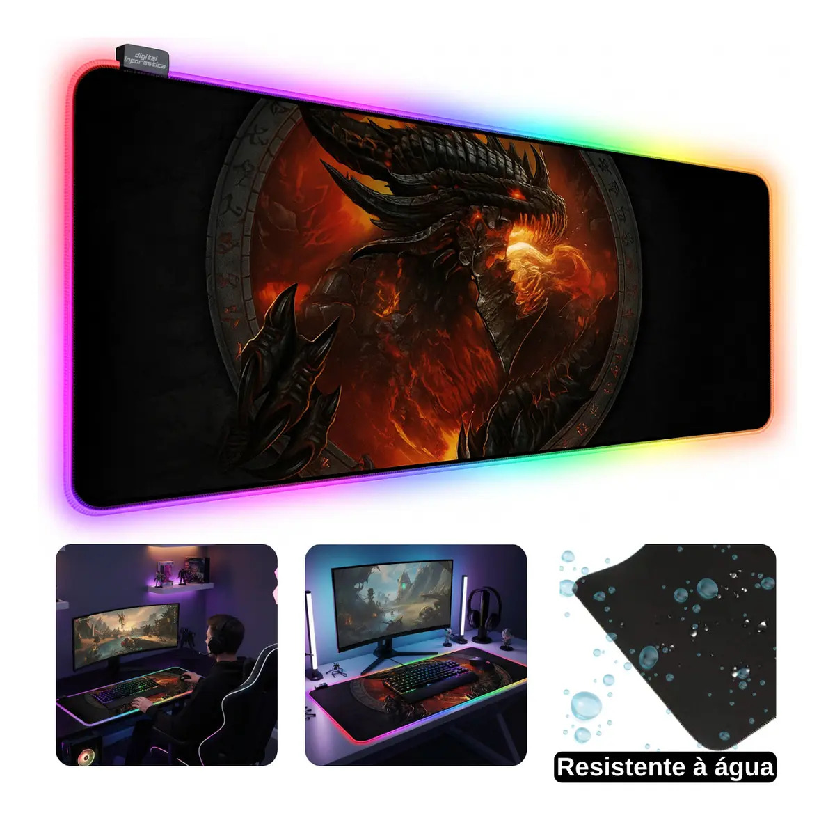 Mouse Pad Gamer Digital Informática 80x30cm Extra Grande 11 Modos Iluminação LED RGB Antiderrapante Dragão Vermelho
