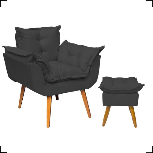 Kit Poltrona Opala Para Sala Confortável + Puff Decorativo Cor Preto Desenho Do Tecido Suede