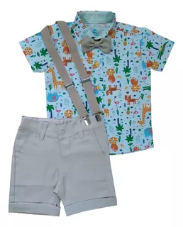 Roupa Festa Infantil Conjunto Camisa Social Menino  Bermuda Social Suspensório Gravata Roupa Infantil Temática Menino