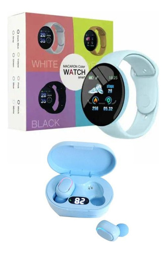 Smart Watch Macaron D18 + Auriculares In-ear E7s Lght Blue