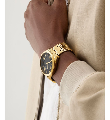 Reloj Guess Negro Acero Inoxidable Elliot Hombre Correa Dorado Bisel Dorado