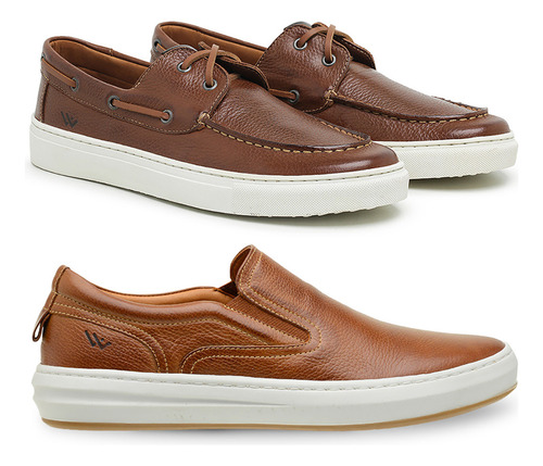 Kit 2 Pares Sapatenis Casual Slip On + Dock Sider 100%couro