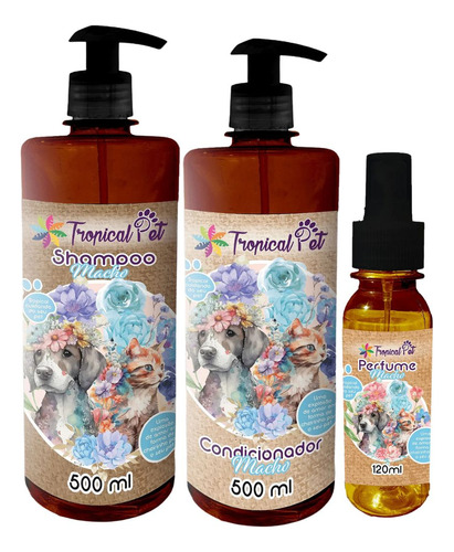 Kit Banho Pet Macho Shampoo Condicionador Perfume Tropical Fragrância Suave