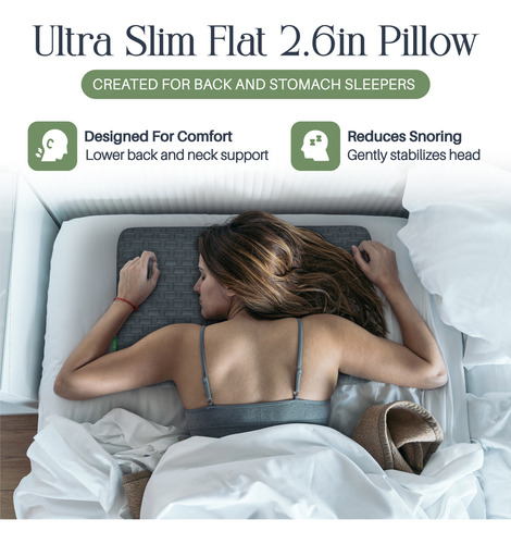 Almohada fina de espuma viscoelástica Umiboo LS-FP-G de 6,6 cm para personas que duermen boca abajo y boca arriba gris