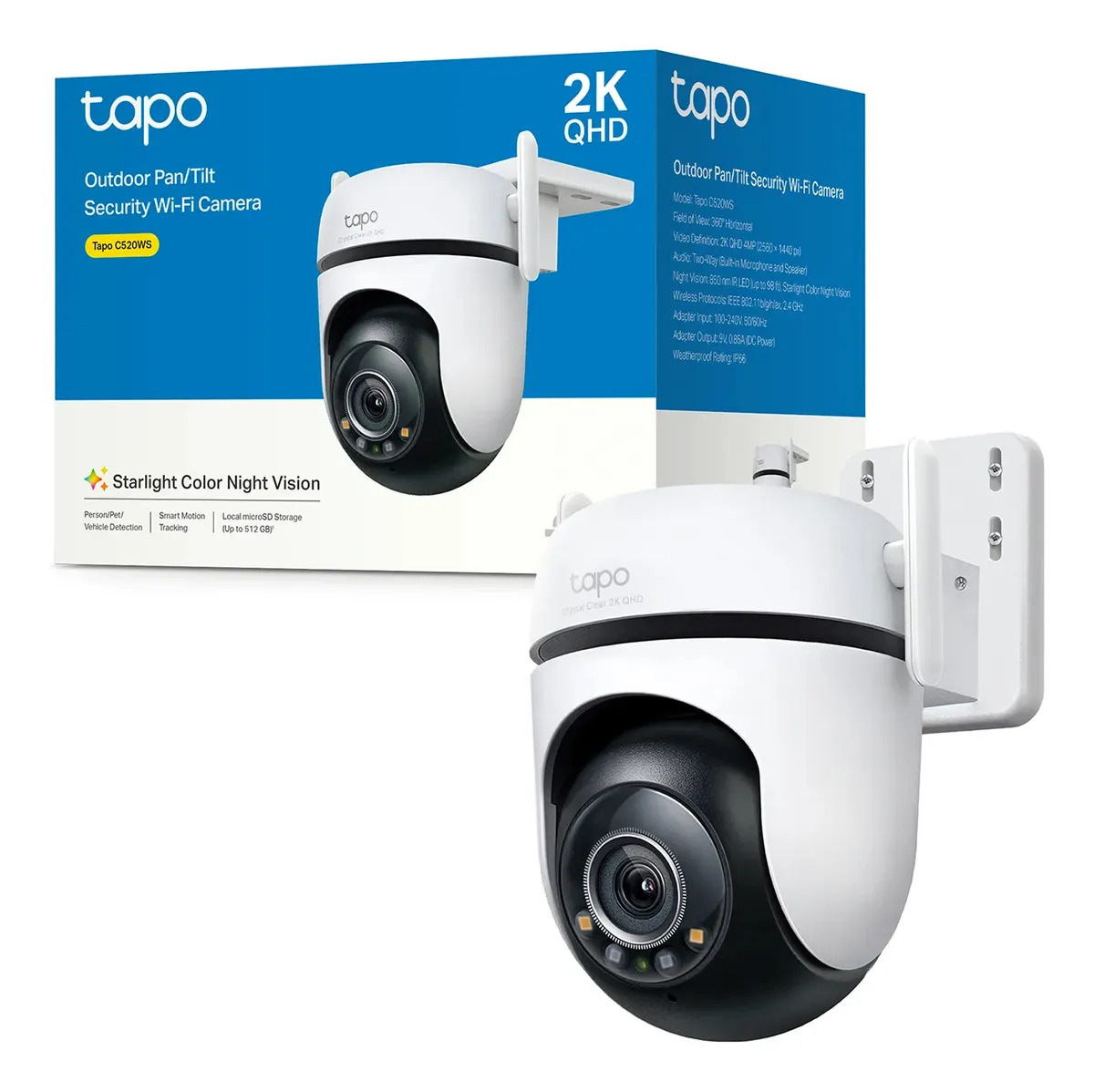 TP-Link Tapo C520WS Cámara de Seguridad WiFi Exterior - Resolución 2K - Cobertura 360° - Visión Nocturna a Color - Detección de Movimiento - Alarma de Luz y Sonido - 512GB - App Ta