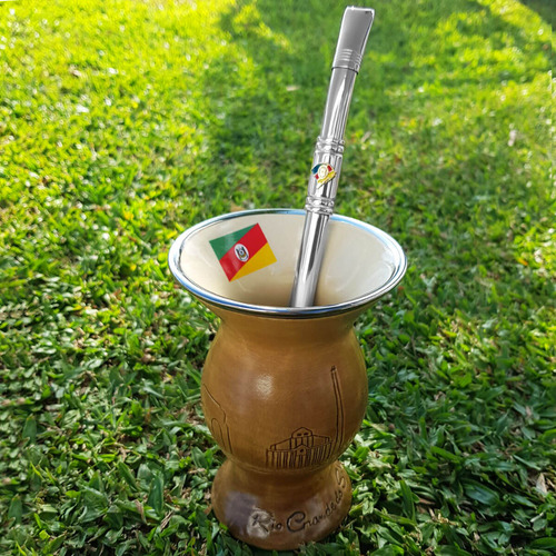 Bomba Chimarrão Tererê Aço Inox 23cm Com Rosca E Anel Com Pi Cor Brasão