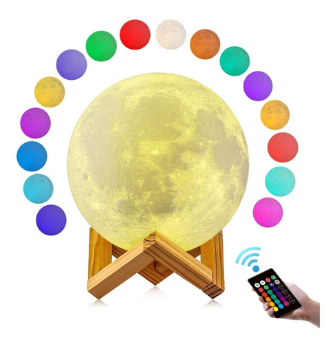 Lampara 3 D Luna 15cm - Recargable - 16 Colores