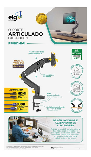 Suporte De Mesa Monitor Até 35 Cabo Usb E Hdmi ELG F98hdmi-u