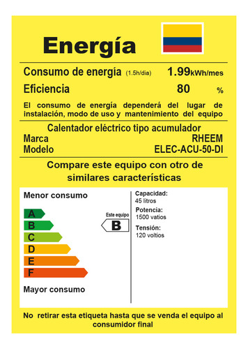 Calentador De Acumulación Eléctrico 50 Litros 110v Rheem