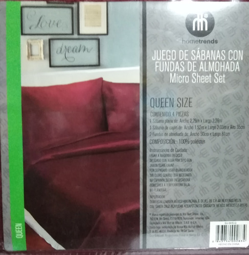 1 Juego De Sábanas Queen, 2 Fundas Almohadas Hometrends Vino