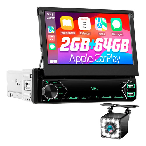 Stereo Pantalla Retractil 7 Pulgadas 1 Din Carplay 2gb 64gb Negro