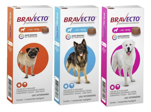 Bravecto: 01 4,5 A 10kg + 01 20 A 40kg + 01 40 A 56kg