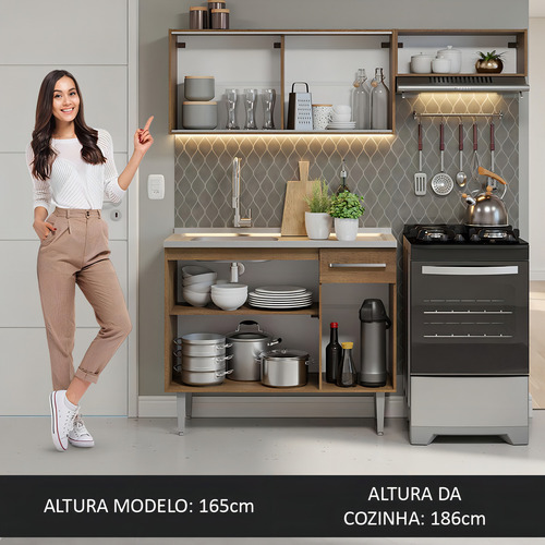 Armário Cozinha Compacta 165cm Com Pia Emilly Madesa 05 R Cor Rustic