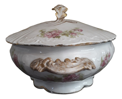 Sopera Salcera De Porcelana Francesa Blanco Con Flores (Usado)