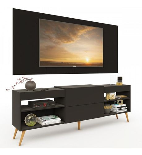 Rack C/ Painel P/ Tv Até 60 Pés Retro Milão Preto - Panorama Estilo de Decoração Moderno Panorama Móveis