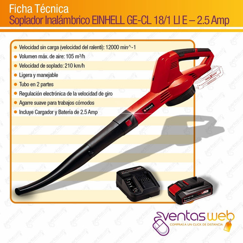 Imagen 7 de 8 de Sopladora De Hojas Inalambrica 18v Einhell + Bateria 2,5 Amp