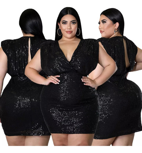 Vestido Sexy De Mujer Negro Gorditas Con Lentejuelas Sin Man