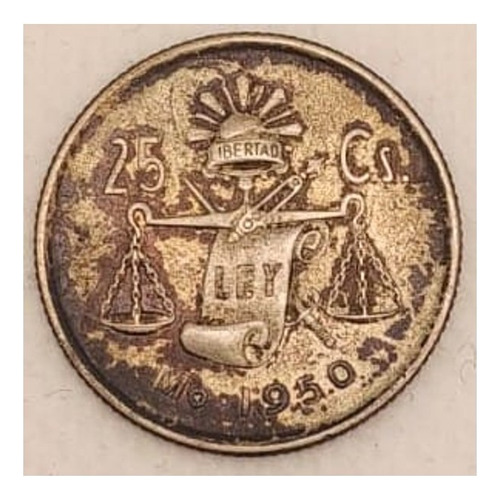 Moneda De 25 Centavos Plata Ley 1950 México Sin Limpiar