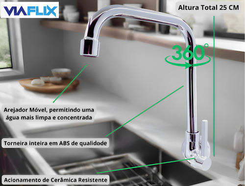 Torneira Para Cozinha Água Fria Monocomando De Parede Flexível Giratória Arejador Alta Pressão Bica Grande Articulada Resistente Gourmet Simples Moderna Rotativa Móvel Esperta Abs Plástico Maleável