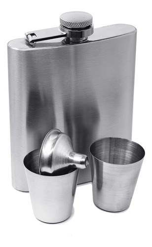 Cantil De Bolso Inox 210ml C/ 2 Copos E Funil Porta Bebidas Cor Prata Liso