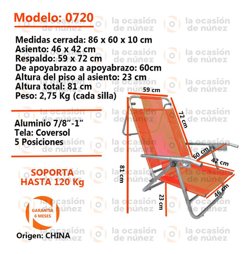 Reposera Sillon 5 Posiciones Aluminio Silla Baja Playa X 2 U