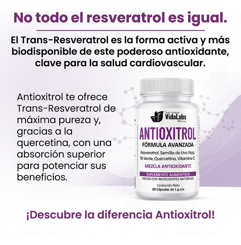 Pack 6 Antioxitrol Nutrientes Vidalabs México Trans Resveratrol Premium Sabor Sin sabor