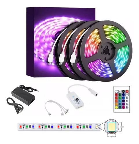 Cinta Luces Led Tira Rgb 15m Control Y Transformador (3x5m)