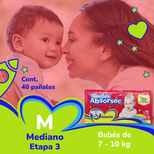 Pañales Kleen Bebé Etapa 3 Mediano Absorsec M 3 40pz
