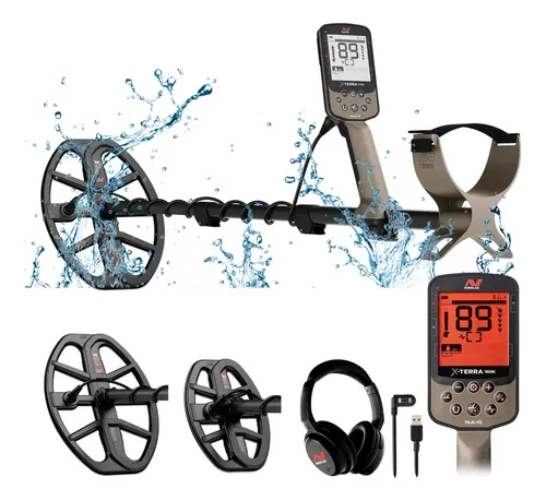 Detector de Metais Minelab X-Terra Elite Expedition Pack Multi-IQ À Prova D'Água Com Fone Sem Fio + Bobina de 12 Polegadas + Bobina de 8 Polegadas