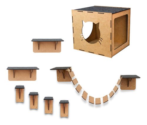 Kit Brinquedo Para Gatos 8 Peças Playground Paquinho Suspenso de Parede Gatificação Completa Degrau Prateleira Ponte e Toca