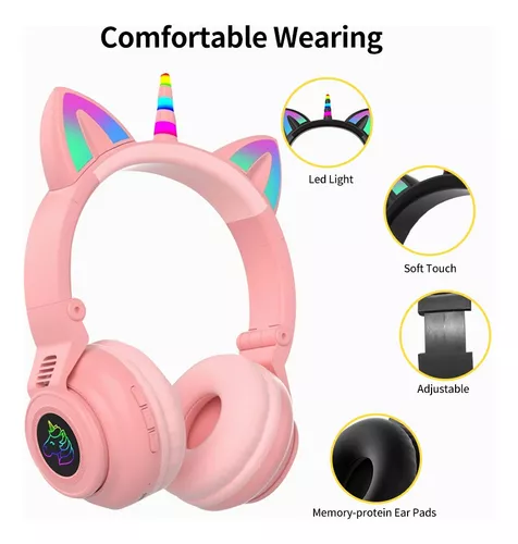  Auriculares inalámbricos Bluetooth de oreja de gato con  micrófono, luz LED intermitente de 7 colores, auriculares estéreo  compatibles con teléfonos inteligentes, PC y tabletas : Electrónica