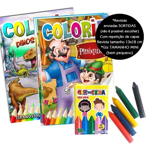 70 Kit Livrinho Revista Colorir + Giz De Cera Mini Infantil P/ Lembrancinha