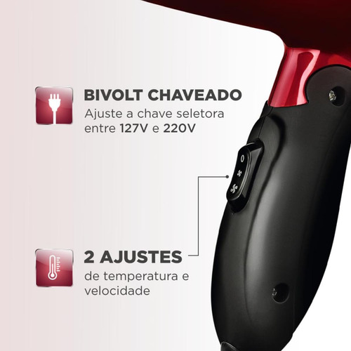 Secador De Cabelo Mondial Max Travel 1200w Sc10 Bivolt Cor Vermelho/Preto 110V/220V