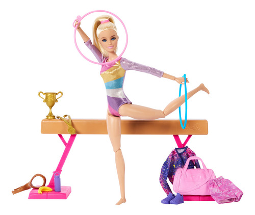 BARBIE, Profesiones, Set de Juego Gimnasta, Muñeca con Cabello Rubio, para Niñas de 3 Años en Adelante, Mattel