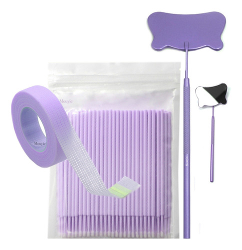 100 Microbrush + 1 Espejo + 1 Cinta Micropore 9 Metros Color Lila Morado Espesor 2 Mm Largo 2 Mm Tipo De Curvatura C