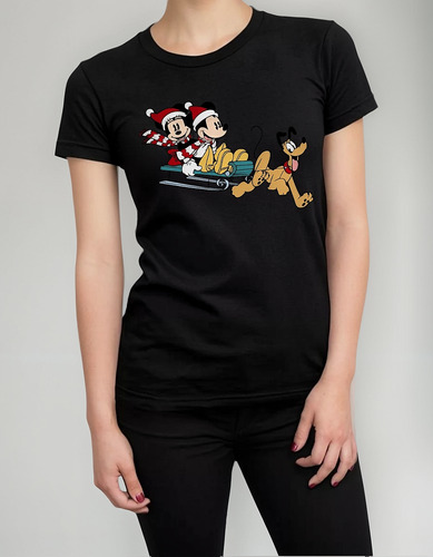 Playera Navidad Mickey Minnie Mouse Pluto Trineo Nieve Feliz