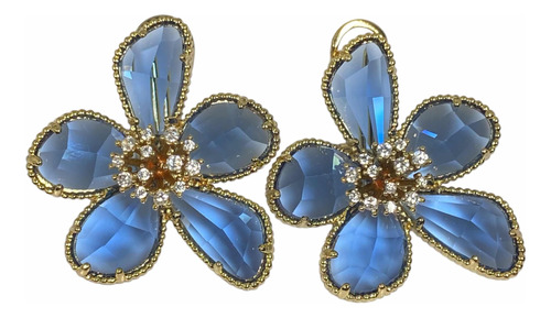 Aros Flor Bañados En Oro Cristales Swarovski Azul Topacios